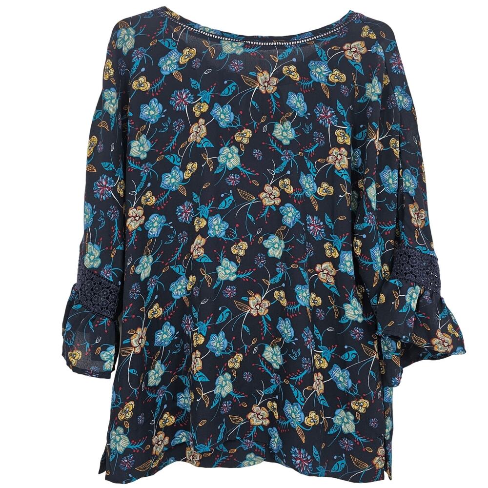DR2 Womans size S Boho Sheer Floral Print Blouse Tie Back Bell Sleeve Navy Blue